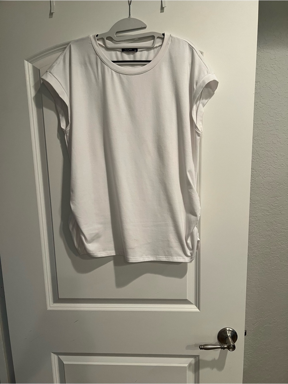 Sampeel Womens White Ruched Side Cap Sleeve Crew Neck Tee Top XL